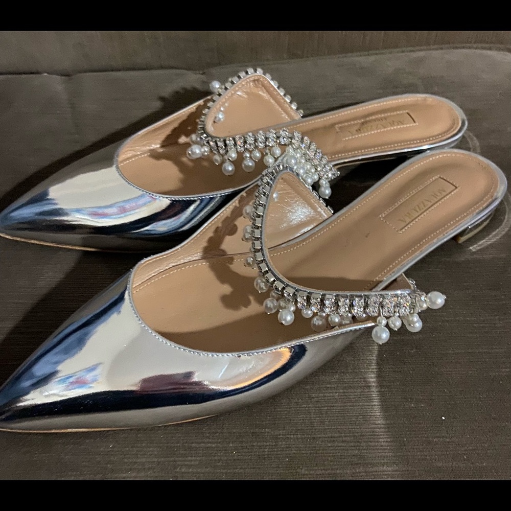 AUTHENTIC bridal Aquazzura silver open back flats with pearls (size 11/41)